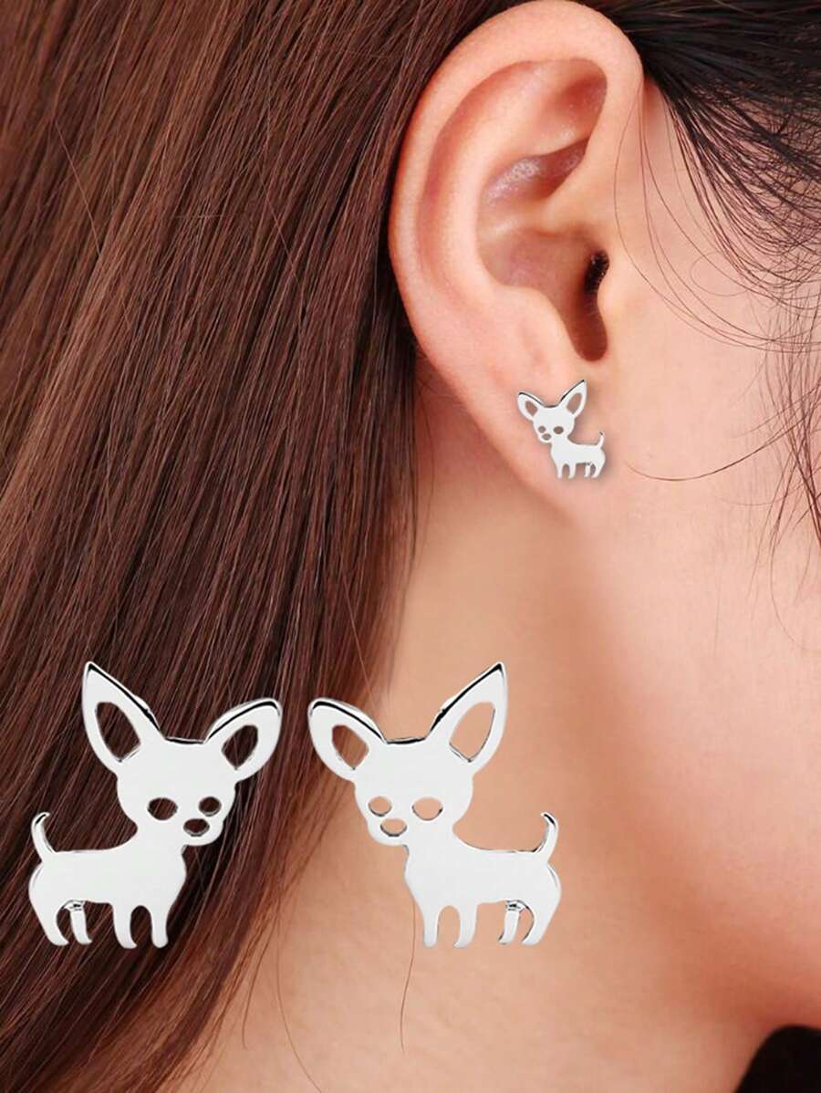 1對銀色可愛的吉娃娃形不鏽鋼耳針,適合女孩們,寵物狗動物造型耳環,日常穿戴 - 銀色 - 查看 1