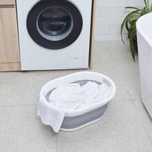 家庭可折疊洗衣籃橢圓造型多功能收納籃,可放置在車或者戶外,21L大容量,便攜雙把手塑膠PP材料衣服籃子通用,浴室籃子 - 灰色 - 查看 1