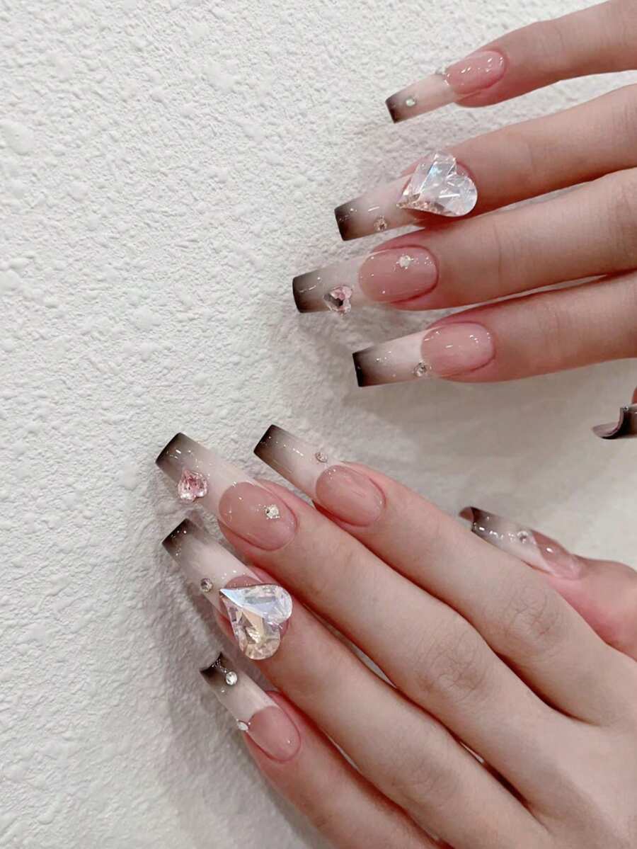 24入組額外長立方形黑漸層法式奧布蕾假指甲,附有粉紅色心形鑽石,包含1支指甲檔和1支果凍膠 - 彩色 - 查看 1