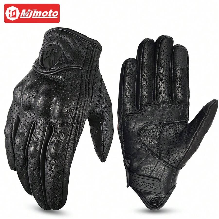 MJMOTO Summer Motorcycle Gloves Leather With Hole Men Motorbike Riding Gloves Touch Screen Breathable Motocross Anti Fall Black Protector - Black - View 1