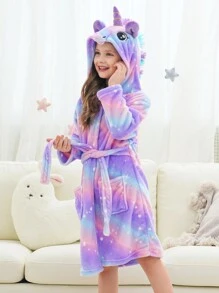 Bata De Descanso Para Niña Joven Con Diseño De Unicornio Impreso En Estrellas Y Cinturón - Multicolor - Ver 3