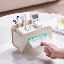 1pc White Nordic Style Desktop Tissue Box With Phone Holder Remote Control Storage Box For Living Room Coffee Table, Modern And Luxury Tissue Dispenser - White - View 4