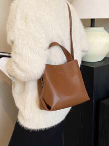 Fashion Women's Brown Handbag, Simple Minimalist PU Leather Retro Mini Bucket Bag, Versatile Shoulder Crossbody Bag Suitable For Shopping And Daily Use