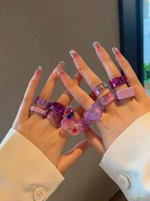 10pcs/set Fashionable Popular Resin Rings Set In Purple Color With Butterfly, Heart, Square, Geometric Desing - Multicolor - View 2