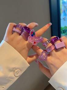 10pcs/set Fashionable Popular Resin Rings Set In Purple Color With Butterfly, Heart, Square, Geometric Desing - Multicolor - View 1