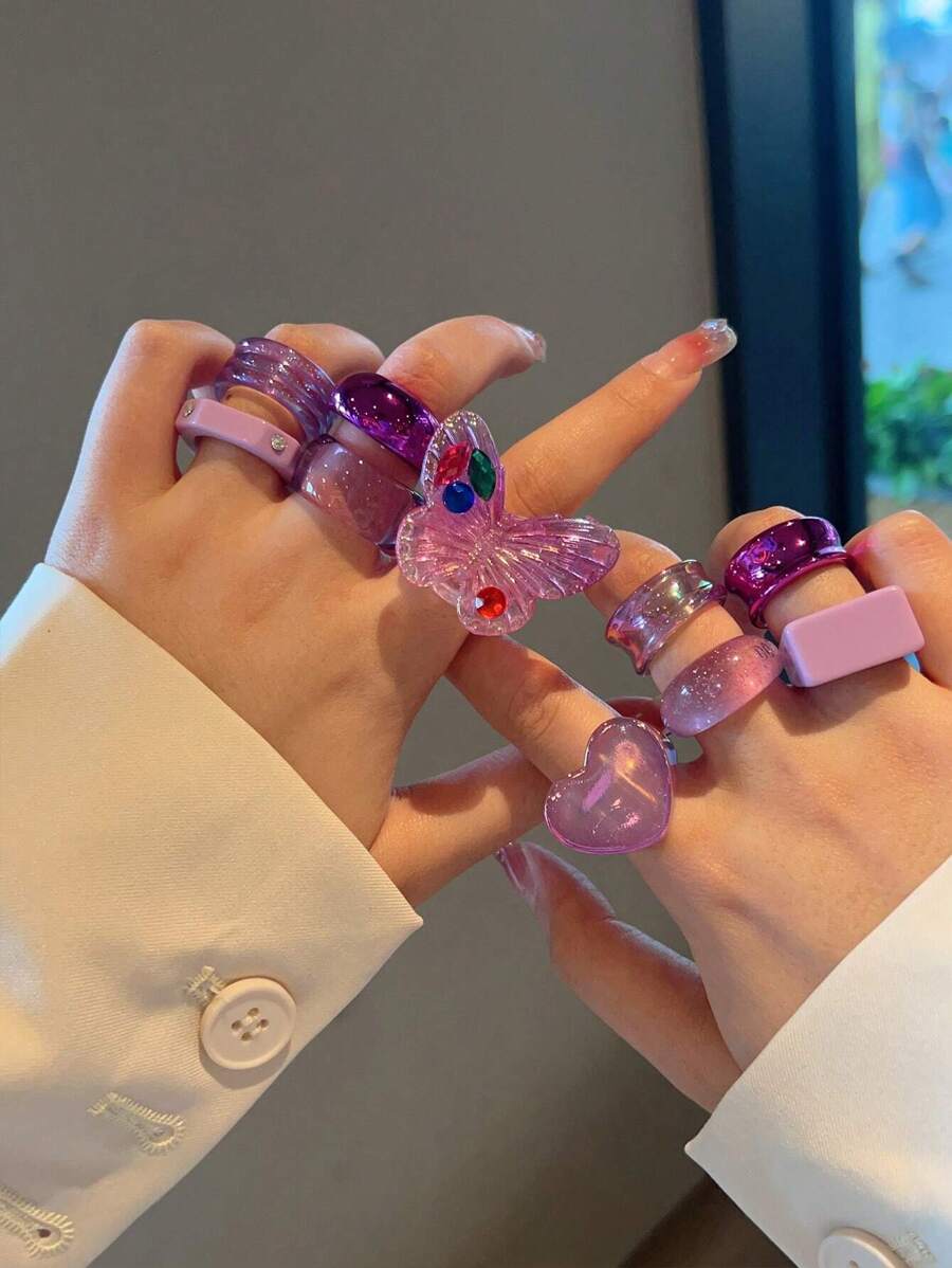 10pcs/set Fashionable Popular Resin Rings Set In Purple Color With Butterfly, Heart, Square, Geometric Desing - Multicolor - View 1