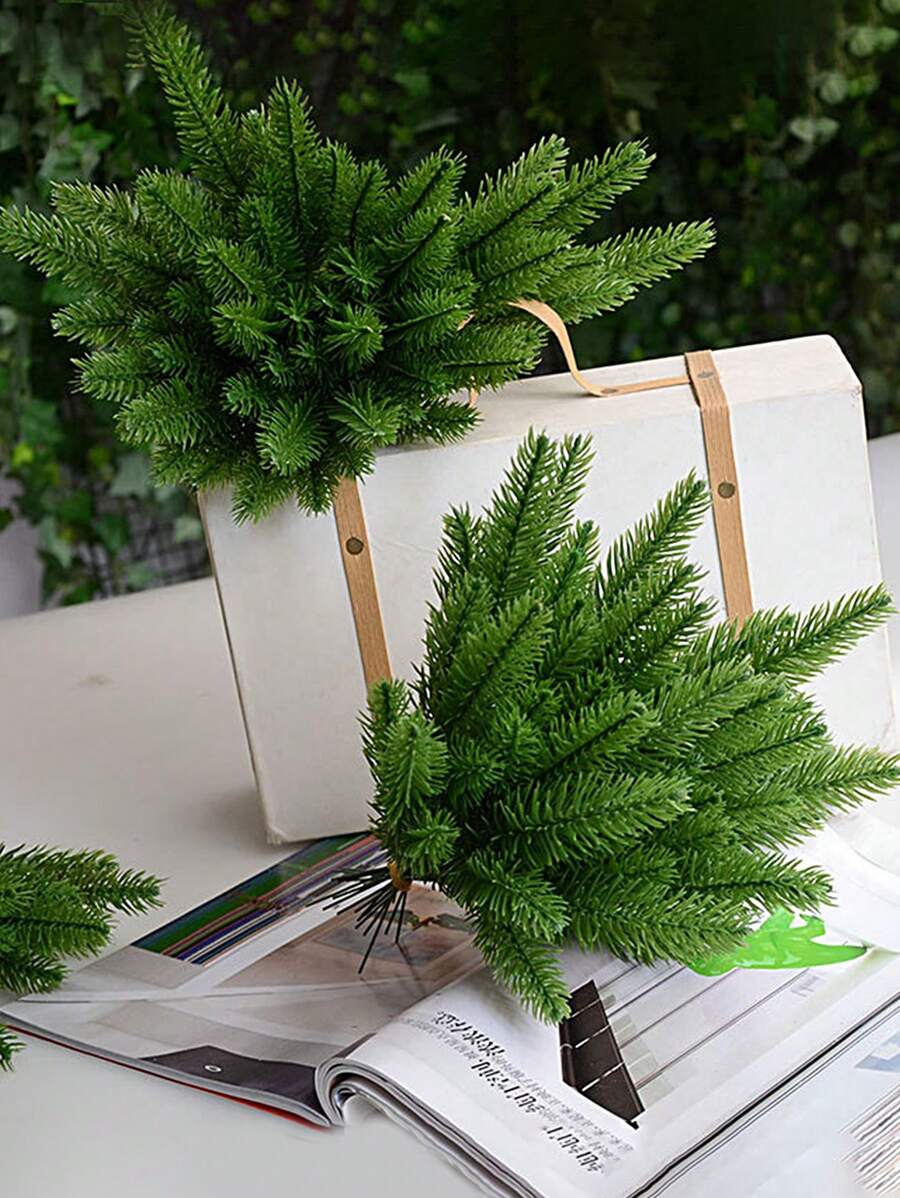 17 厘米 7 叉人造松枝逼真圣诞松针 DIY 花环场景装饰节日配件礼品盒装饰生日派对（10 件），圣诞节 - 綠色 - 查看 1