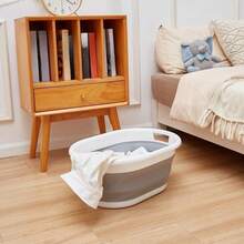 家庭可折疊洗衣籃橢圓造型多功能收納籃,可放置在車或者戶外,21L大容量,便攜雙把手塑膠PP材料衣服籃子通用,浴室籃子 - 灰色 - 查看 3