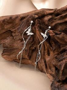 1pair Metallic Tassel Chain Butterfly Pendant Drop Earrings Wedding Gift - Silver - View 3