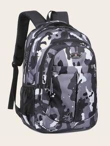 Camouflage Pattern Letter Patch Large Capacity Multi-pocket Zipper Closure Fashionable Waterproof Backpack With Double Shoulder Straps, Durable Casual Student Bag - Grey - View 3