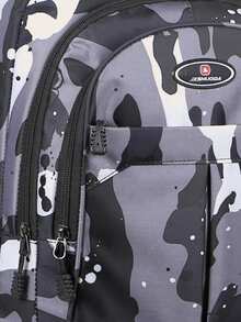 Camouflage Pattern Letter Patch Large Capacity Multi-pocket Zipper Closure Fashionable Waterproof Backpack With Double Shoulder Straps, Durable Casual Student Bag - Grey - View 4