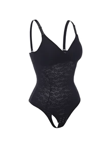 1pc Women's Black Sexy V-Neck Body Shaper With Tummy Control And Thong Bottom, Breathable,Quick-Drying,Absorbs Sweat - Black - View 5