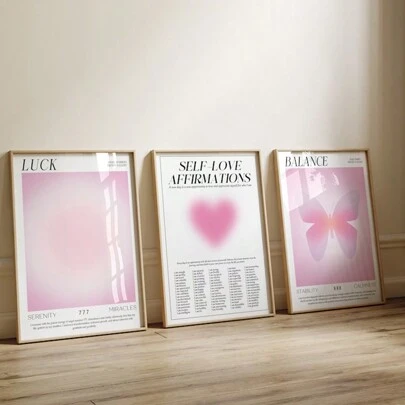 3 pièces Tableau mural art gradient aura rose Papillon et équilibre cœur Affiches d'affirmation Peintures sur canevas Énergie spirituelle Affiches esthétique pastel danoise Décoration pour chambre, salon ou dortoir SANS cadre