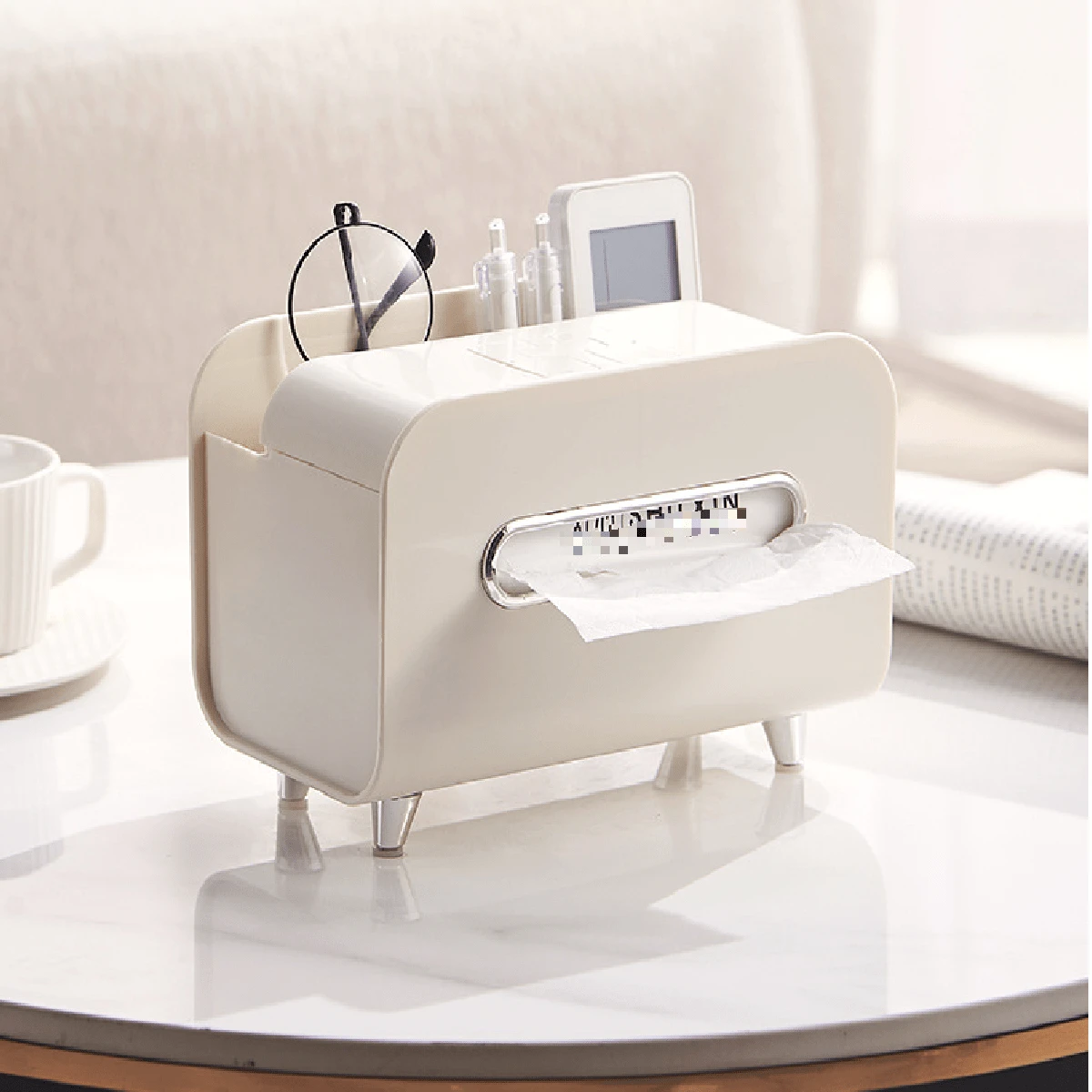 1pc White Nordic Style Desktop Tissue Box With Phone Holder Remote Control Storage Box For Living Room Coffee Table, Modern And Luxury Tissue Dispenser - White - View 1