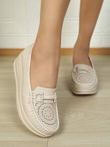 Women's Casual & Comfortable Hollow Breathable Slip-on Wedge Loafers - Beige - View 1