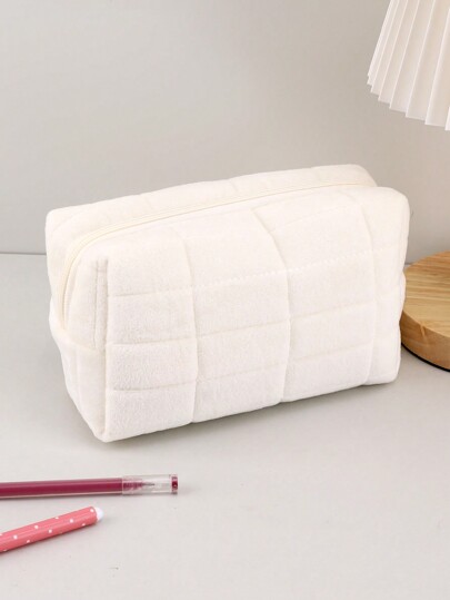 1/2/5pcs Creative Plaid Zipper Pencil Case Stationery Storage Bag, Solid Color Fluffy Pencil Bag Large Capacity Student Pencil Box,Back To School,School Supplies,Pencil Pouch,School Bag