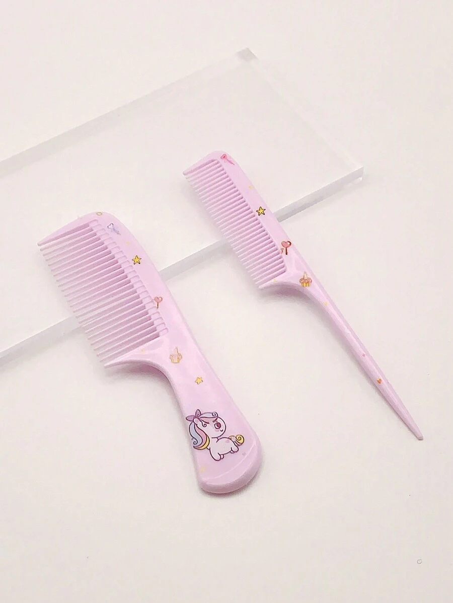 2件套可爱卡通动物和食物图案梳子套装，方便居家或旅行使用，包含梳子、美发工具、美发产品和配件，适用于理发店、美容院、返校季、旅行度假等场合，是女士美发必备品。套装包含梳子、解结梳、球形梳、迷你梳子套装、木梳、卷发梳、美发设备、发型设计、美发、梳子、梳子套装、梳子、卷发梳、解结梳、女士梳子、理发师、理发配件、理发店、美发设备。