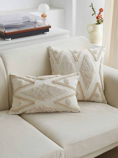 1 件波西米亚几何簇绒刺绣抱枕套，适合室内装饰，四季装饰枕套带流苏，不含枕芯