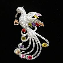 1只男女皆宜的豪華鳳凰造型銅胸針,鑲嵌立方鋯,用於婚禮或宴會的黃金珠寶 - 軍綠色 - 查看 2