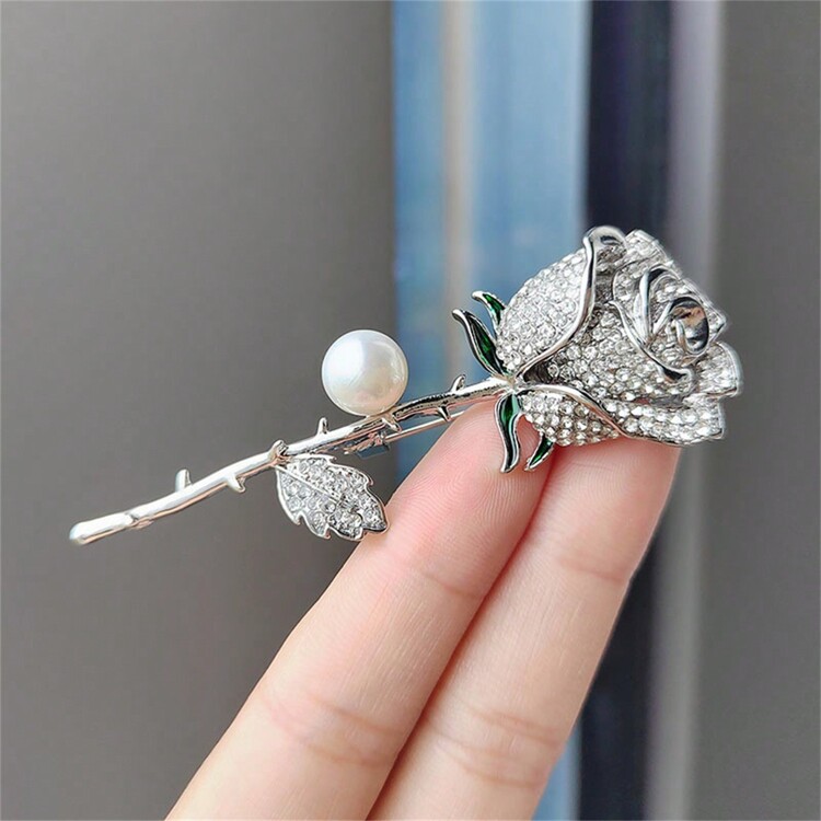 1pc Elegant Faux Faux Pearl Bead, Silver Color Rose Flower & Rhinestone Decor Brooch Pin For Men's Daily Wear Valentines - Silver - View 2