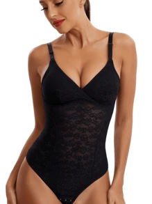 1pc Women's Black Sexy V-Neck Body Shaper With Tummy Control And Thong Bottom, Breathable,Quick-Drying,Absorbs Sweat - Black - View 7