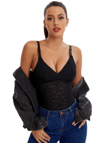 1pc Women's Black Sexy V-Neck Body Shaper With Tummy Control And Thong Bottom, Breathable,Quick-Drying,Absorbs Sweat - Black - View 11