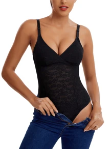 1pc Women's Black Sexy V-Neck Body Shaper With Tummy Control And Thong Bottom, Breathable,Quick-Drying,Absorbs Sweat - Black - View 6