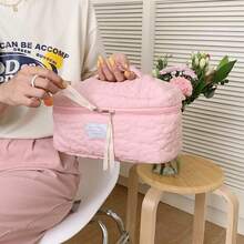 1 件大號粉色米色花朵圖案化妝包,糖果色可愛便攜式手提包,大容量旅行存儲,盥洗用品收納袋 - 粉色 - 查看 3