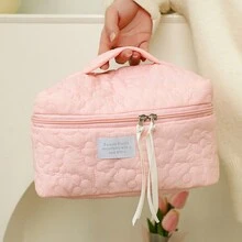 1 件大號粉色米色花朵圖案化妝包,糖果色可愛便攜式手提包,大容量旅行存儲,盥洗用品收納袋 - 粉色 - 查看 7