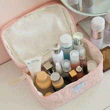 1 件大號粉色米色花朵圖案化妝包,糖果色可愛便攜式手提包,大容量旅行存儲,盥洗用品收納袋 - 粉色 - 查看 4