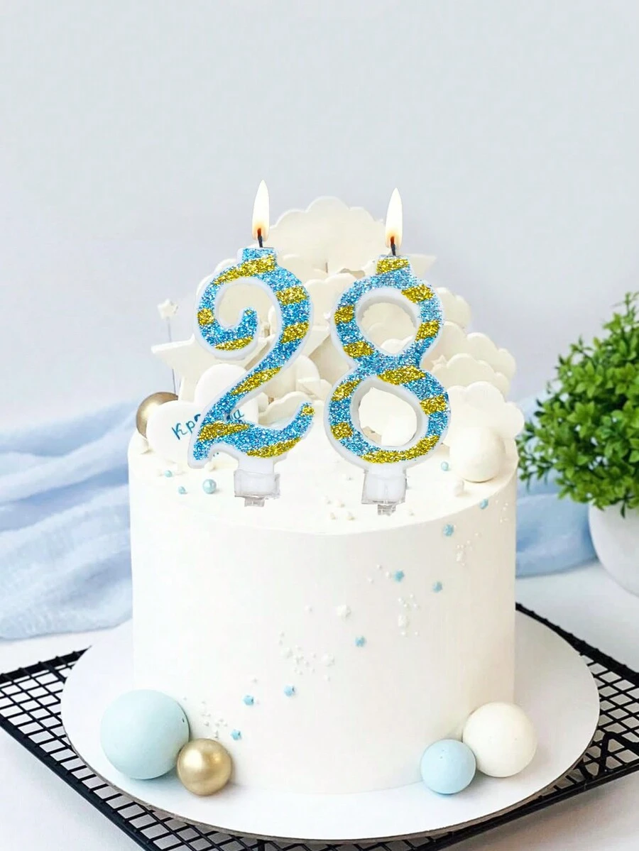 Blue Stripe & Glitter 0-9 Number Birthday Party Cake Candle