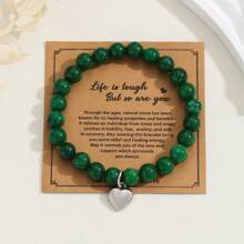 1 件励志串珠手链配心形吊坠能量疗愈和放松焦虑珠宝礼物带卡片祝早日康复礼物，天然宝石紫水晶疗愈手链，适合男女青少年女孩心形吊坠能量疗愈和放松焦虑珠宝礼物带卡片 - 綠 玉 - 查看 1