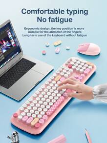 Cartoon Style Wireless Keyboard And Mouse Set, Cute And Suitable For Office And Home Use, Highly Attractive Value Retro Keyboard For Girls - Blue - View 3
