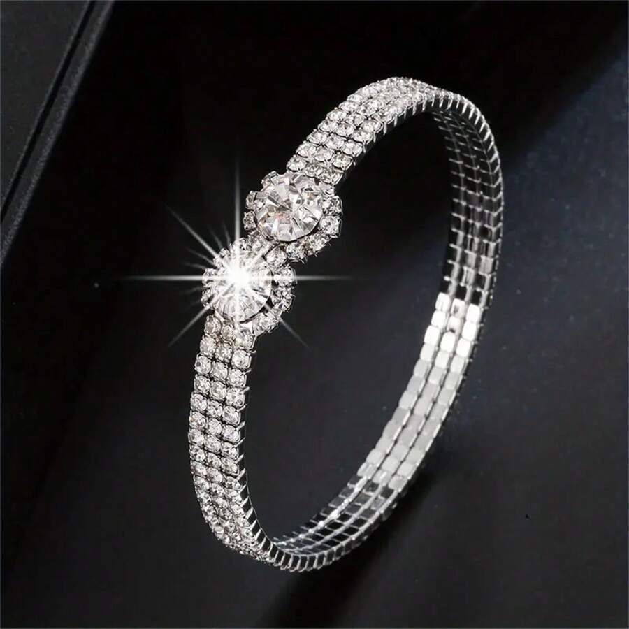 3行數全水鑽裝飾手環適用於女性時尚配件