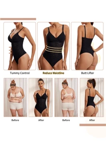 1pc Women's Black Sexy V-Neck Body Shaper With Tummy Control And Thong Bottom, Breathable,Quick-Drying,Absorbs Sweat - Black - View 4