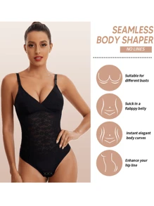 1pc Women's Black Sexy V-Neck Body Shaper With Tummy Control And Thong Bottom, Breathable,Quick-Drying,Absorbs Sweat - Black - View 2