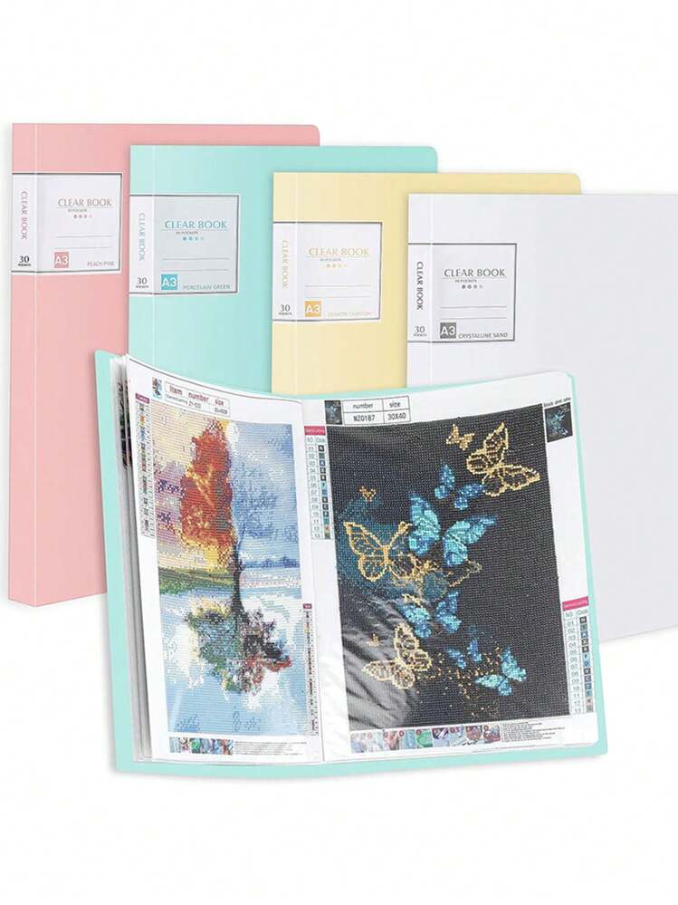 Förvaringsbok för diamantmålningar med tillbehör i A3/A4-format, stor presentationsbok för diamantkonst med 30 sidor, portfoliomapp för diamantmålningar, genomskinliga fickor, förvaring av konstverk, påfyllningssida för fotoalbum, filorganisatör, transparent filmapp för insatser - Mint Grön - Visa 1