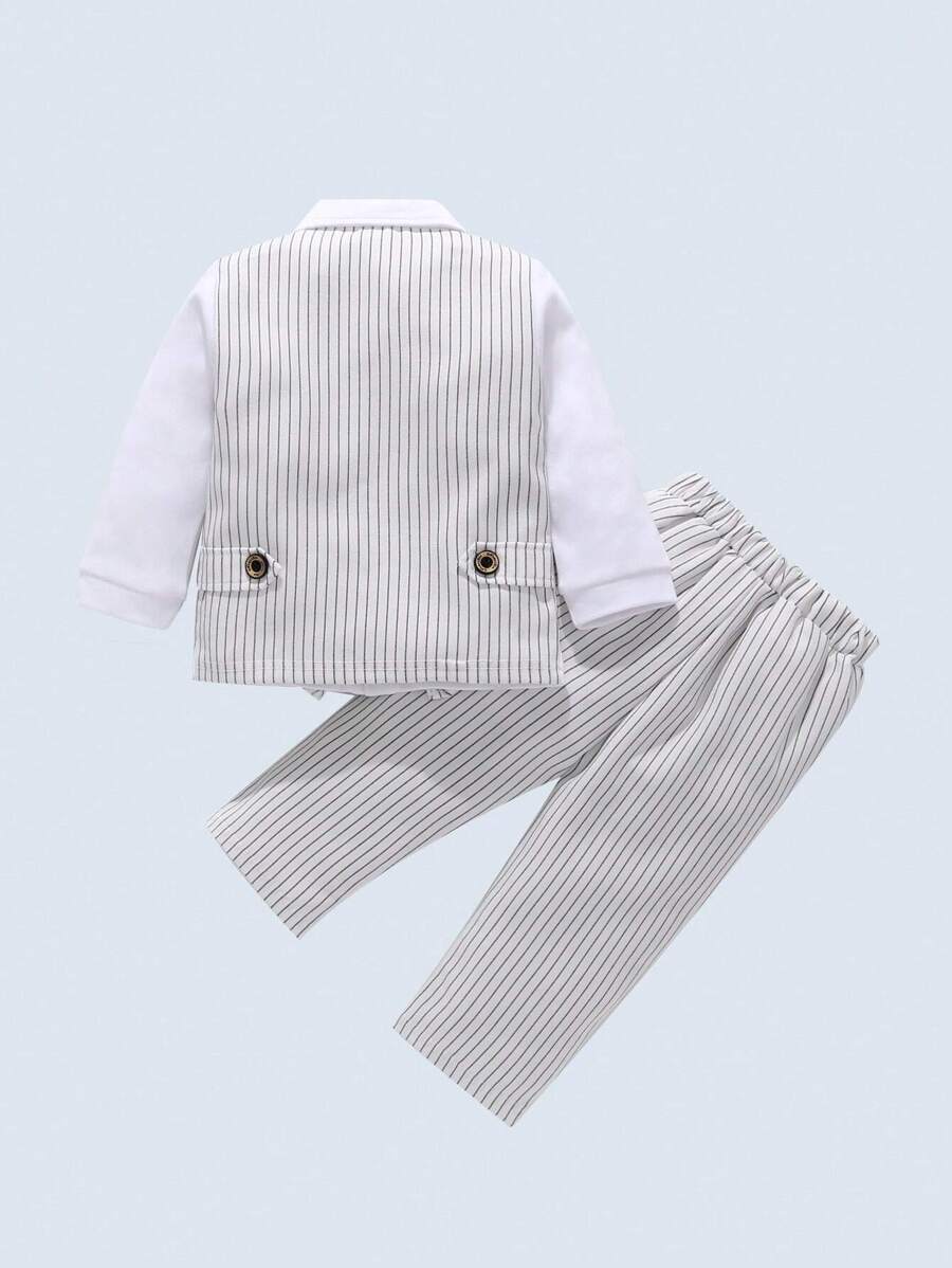 BOARNSEORL 2 件套男婴绅士服装套装，长袖衬衫配领结和裤子，时尚帅气，适合生日派对、婚礼、周年庆典 - 白色 - 查看 1