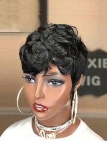 Tóc giả cắt cho phụ nữ Tóc giả xoăn Pixie ngắn có mái Tóc giả màu tự nhiên 1B Tóc giả cắt Pixie xoăn nhiều lớp ngắn Tóc giả làm bằng máy hoàn chỉnh - màu đen - Xem 3