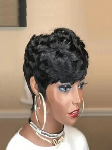 Tóc giả cắt cho phụ nữ Tóc giả xoăn Pixie ngắn có mái Tóc giả màu tự nhiên 1B Tóc giả cắt Pixie xoăn nhiều lớp ngắn Tóc giả làm bằng máy hoàn chỉnh - màu đen - Xem 2