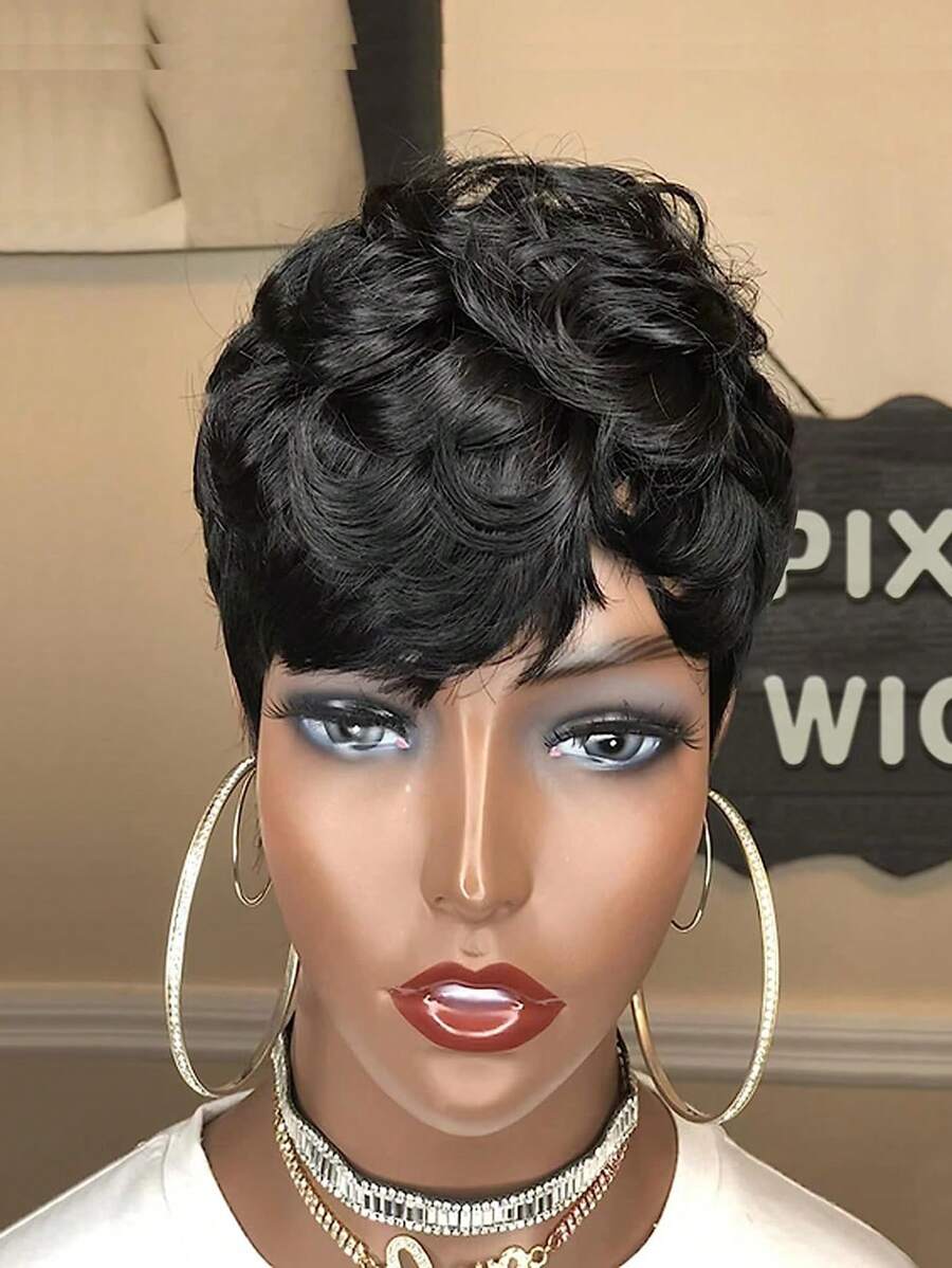 Tóc giả cắt cho phụ nữ Tóc giả xoăn Pixie ngắn có mái Tóc giả màu tự nhiên 1B Tóc giả cắt Pixie xoăn nhiều lớp ngắn Tóc giả làm bằng máy hoàn chỉnh - màu đen - Xem 1