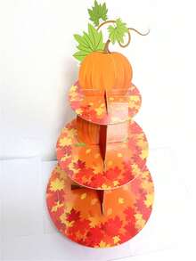 1入組秋季南瓜造型3層馬卡龍蛋糕架,楓葉紙板甜點支架塔,用於感恩節裝飾主題派對用品 - 如圖所示 - 查看 1