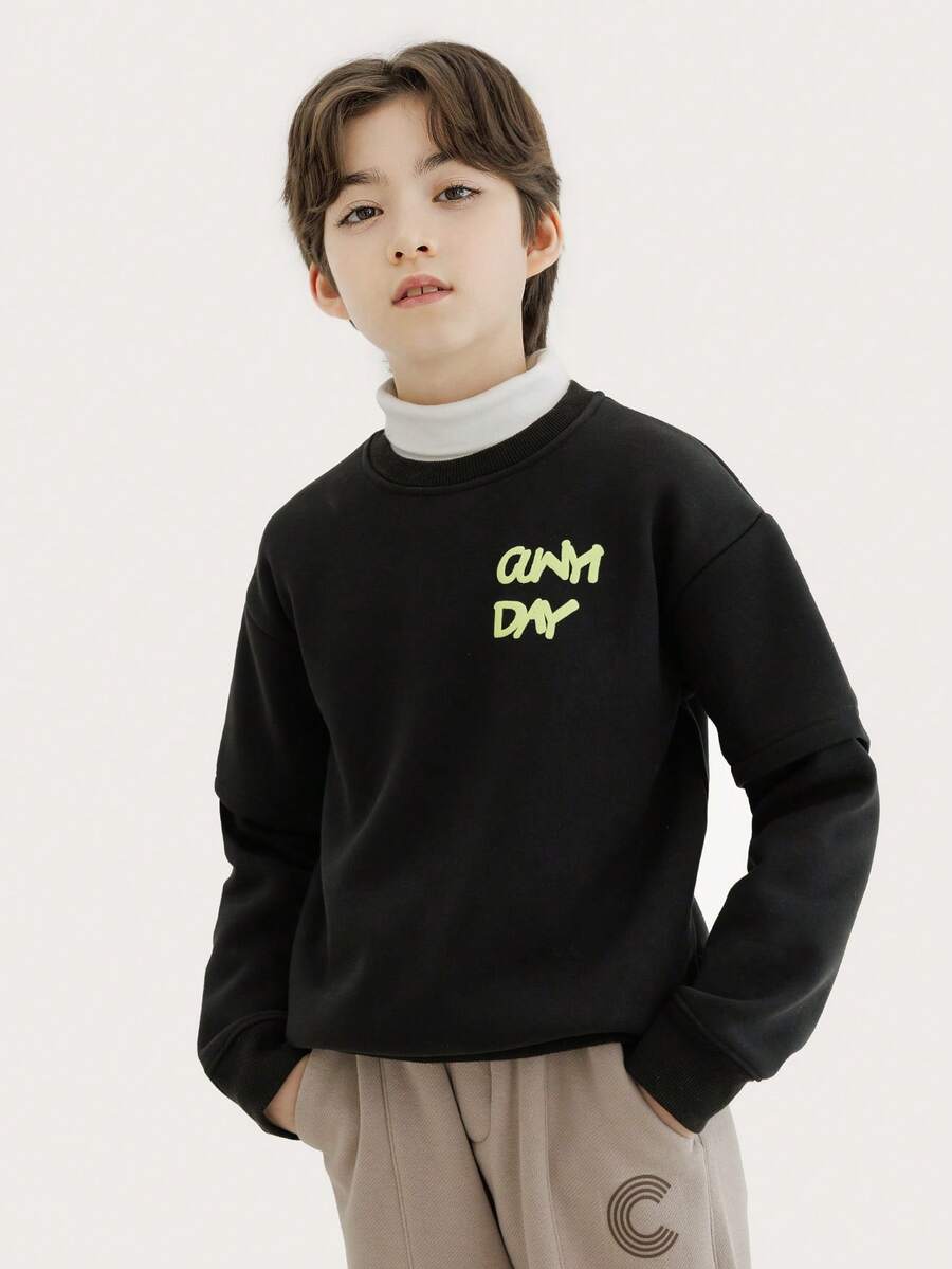 Áo nỉ dài tay 2 trong 1 có lót nhiệt thường ngày cho bé trai Tween, mùa thu/đông - màu đen - Xem 1