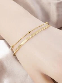 18k金鍍1入組時尚雙層不銹鋼球狀珠片調節手鍊,適合女性日常佩戴 - 金色 - 查看 1