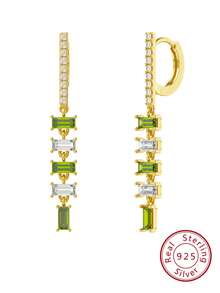 1對女性用正925純銀墜降耳環,4a級立方鋯鑲滿方形設計簡約優雅耳飾,是結婚紀念日/生日/婚禮/訂婚最佳禮物選擇