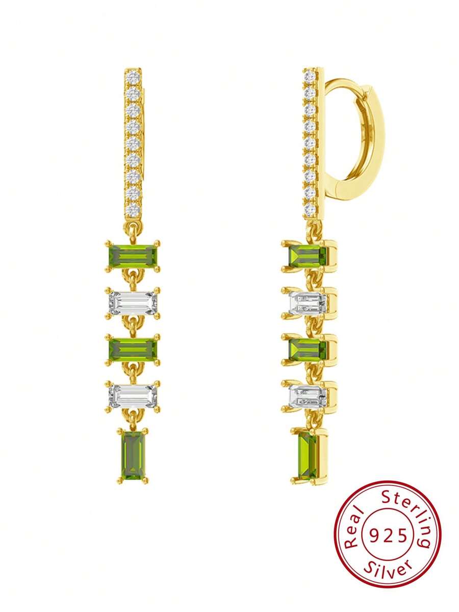 1對女性用正925純銀墜降耳環,4a級立方鋯鑲滿方形設計簡約優雅耳飾,是結婚紀念日/生日/婚禮/訂婚最佳禮物選擇