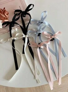 2 件装女士时尚蓝色长丝丝带蝴蝶结发夹，小号甜美优雅涤纶发饰弹力发夹蝴蝶飘带优雅头饰，送给女士的可爱礼物 - 藍色 - 查看 9