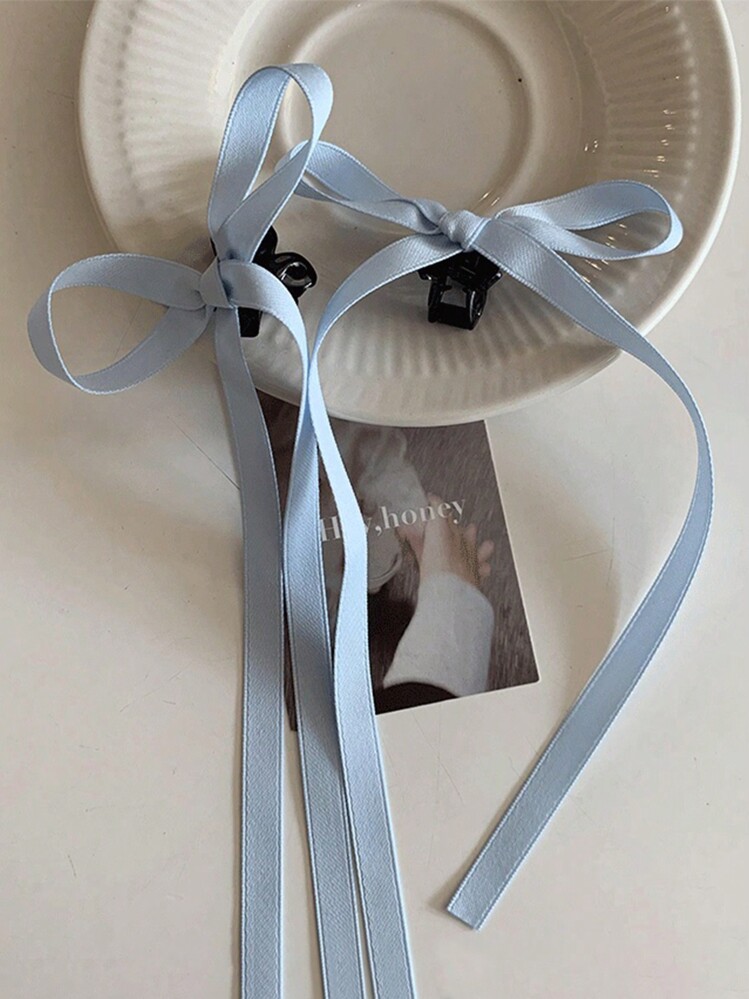 2 件装女士时尚蓝色长丝丝带蝴蝶结发夹，小号甜美优雅涤纶发饰弹力发夹蝴蝶飘带优雅头饰，送给女士的可爱礼物 - 藍色 - 查看 3