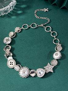 1 Pieza Collar De Declaración De Diseño De Estrellas Blancas Con Botón En Estilo Retro-vintage, Regalo De Cadena De Cuello - Multicolor - Ver 3