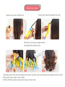 12pcs Yellow & Blue (+1 Pair Of Hair Hooks) Hair Rollers Curler Set, No Damage To Hair, Suitable For Creating Water Ripple/wave/ Automatic Curly Hair/ Sleeping Use - Multicolor - View 2